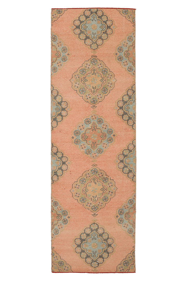 Vintage Konya Turkish Runner Rug 2x8 ft — Orange & Green Geometric