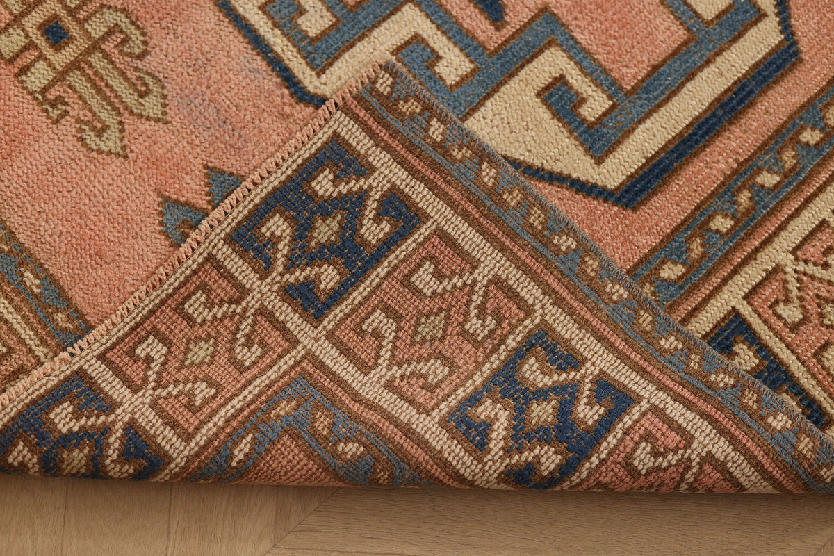 Vintage Nevşehir Turkish Area Rug 4x6 ft — Pink & Blue Geometric
