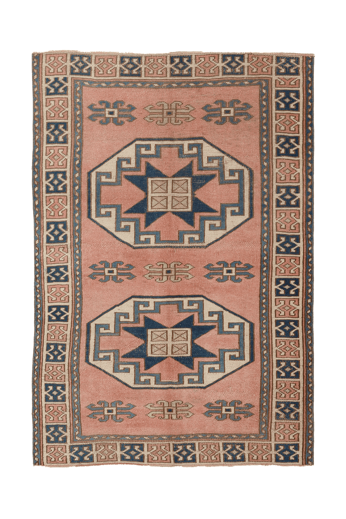 Vintage Nevşehir Turkish Area Rug 4x6 ft — Pink & Blue Geometric
