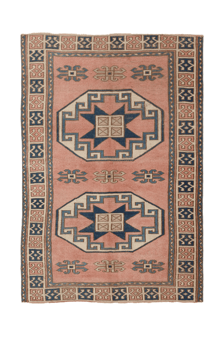 Vintage Nevşehir Turkish Area Rug 4x6 ft — Pink & Blue Geometric
