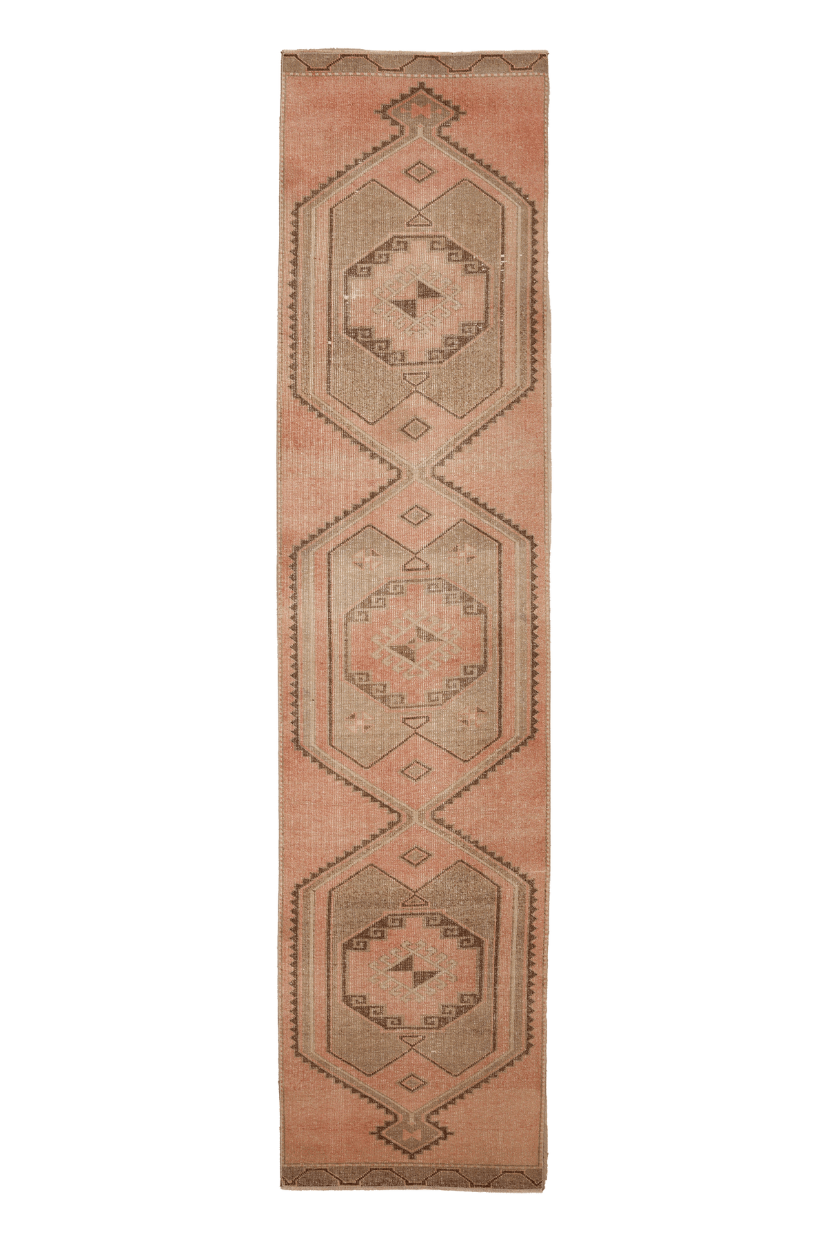 Vintage Malatya Turkish Runner Rug 2x12 ft — Pink & Brown Geometric