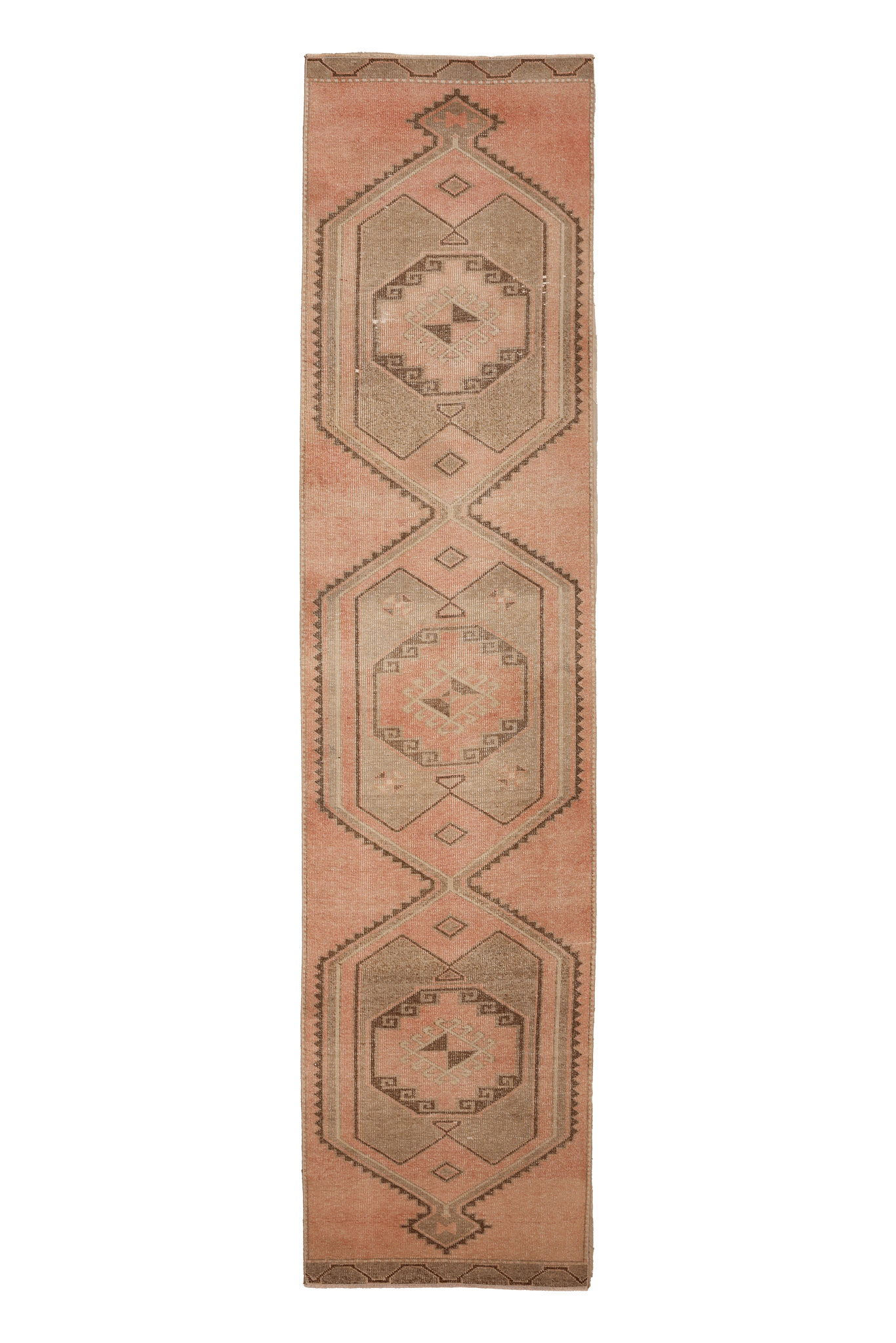 Vintage Malatya Turkish Runner Rug 2x12 ft — Pink & Brown Geometric
