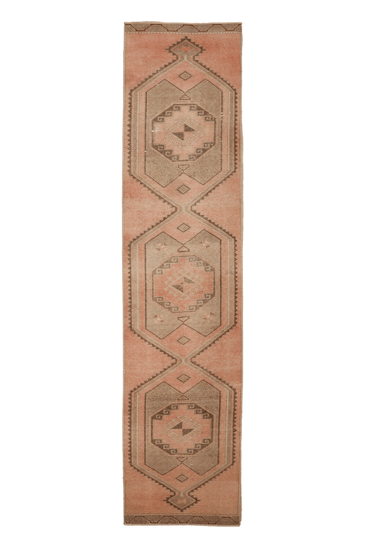 Vintage Malatya Turkish Runner Rug 2x12 ft — Pink & Brown Geometric