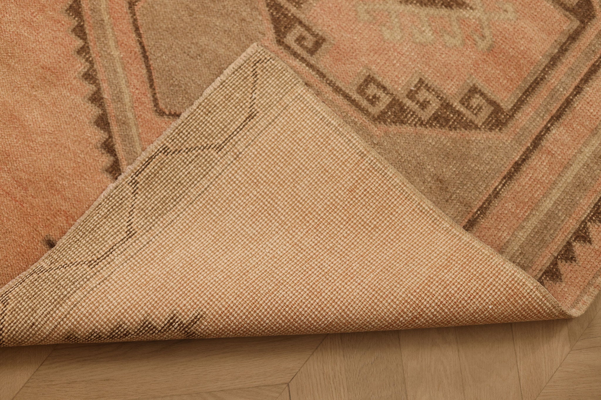 Vintage Malatya Turkish Runner Rug 2x12 ft — Pink & Brown Geometric