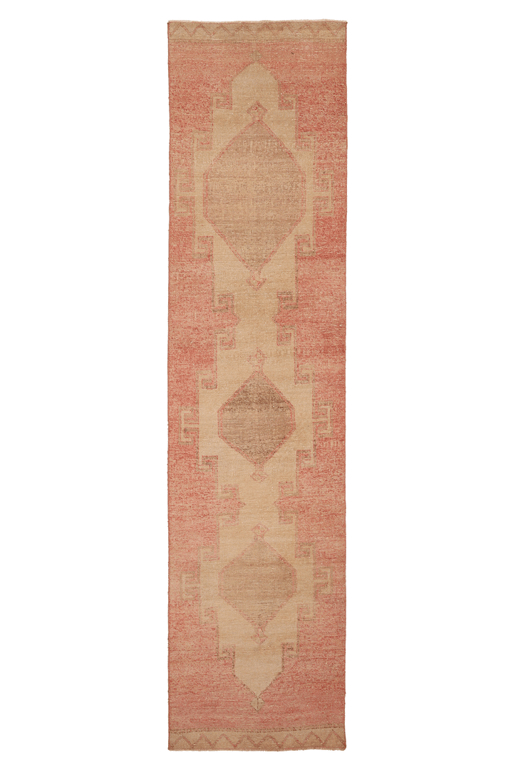 Vintage Malatya Turkish Runner Rug 3x12 ft — Red & Beige Geometric