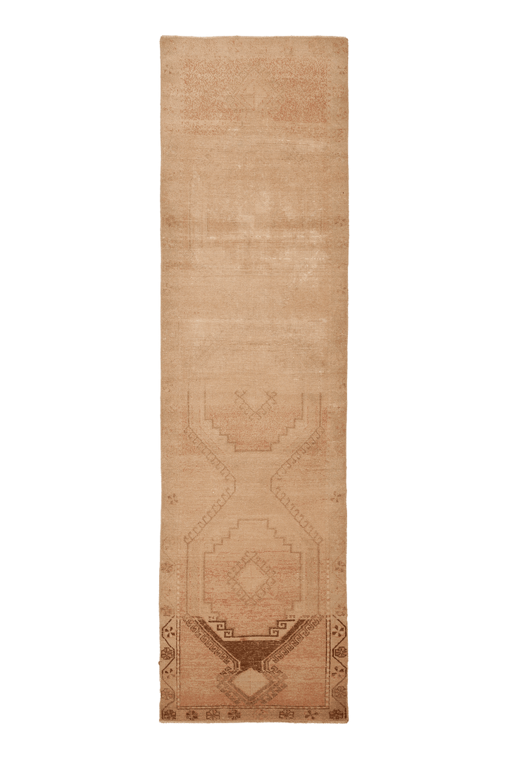 Vintage Malatya Turkish Runner Rug 3x12 ft — Beige & Brown Geometric