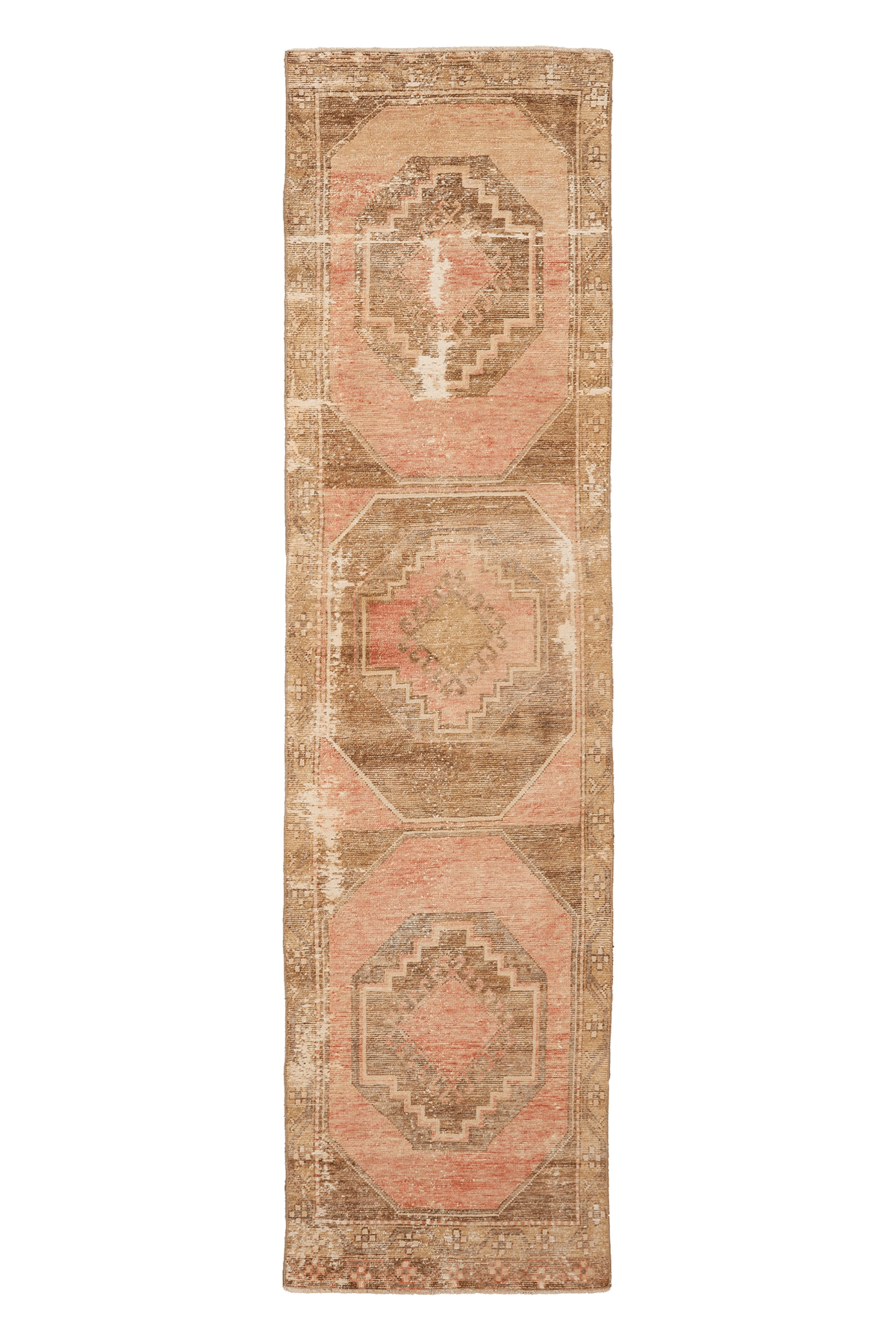 Vintage Malatya Turkish Runner Rug 2x10 ft — Brown & Pink Geometric