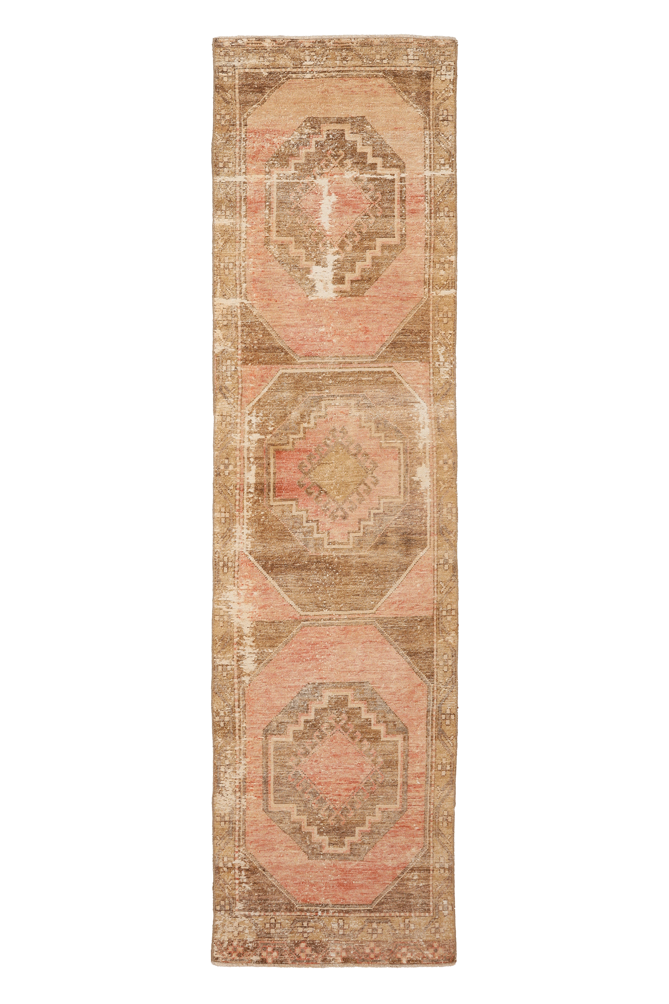 Vintage Malatya Turkish Runner Rug 2x10 ft — Brown & Pink Geometric