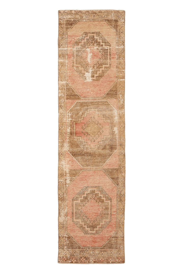 Vintage Malatya Turkish Runner Rug 2x10 ft — Brown & Pink Geometric