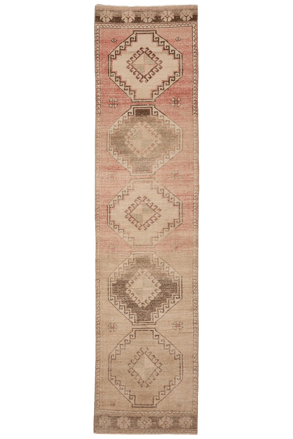 Vintage Malatya Turkish Runner Rug 2x11 ft — Beige & Pink Geometric