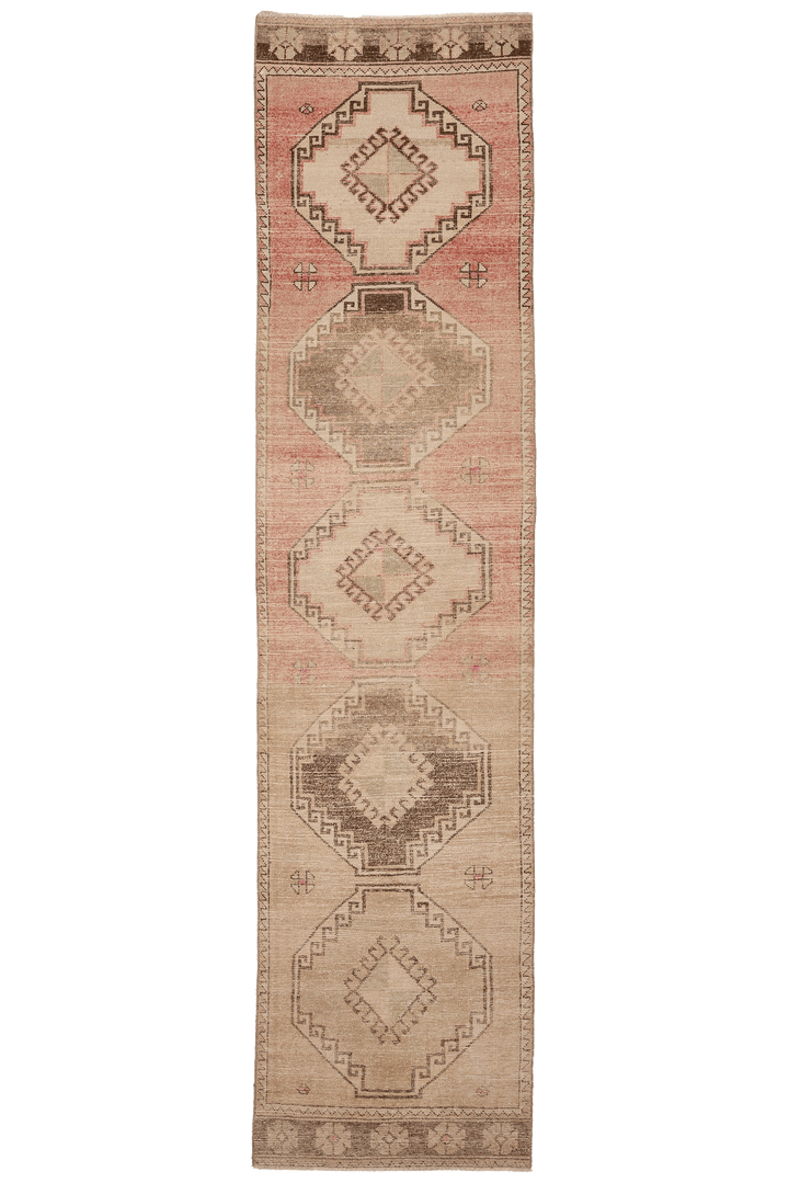 Vintage Malatya Turkish Runner Rug 2x11 ft — Beige & Pink Geometric
