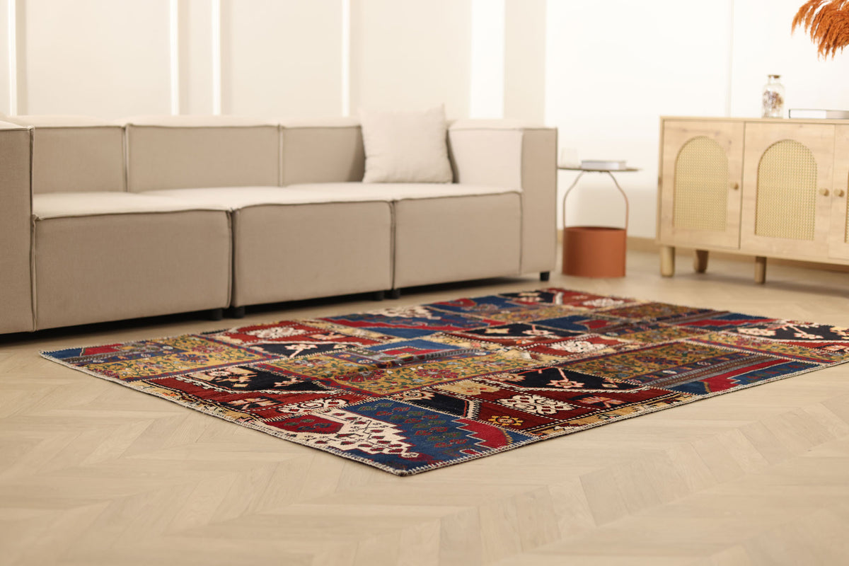 Vintage Turkish Area Rug 5x7 ft — Red & Blue Patchwork