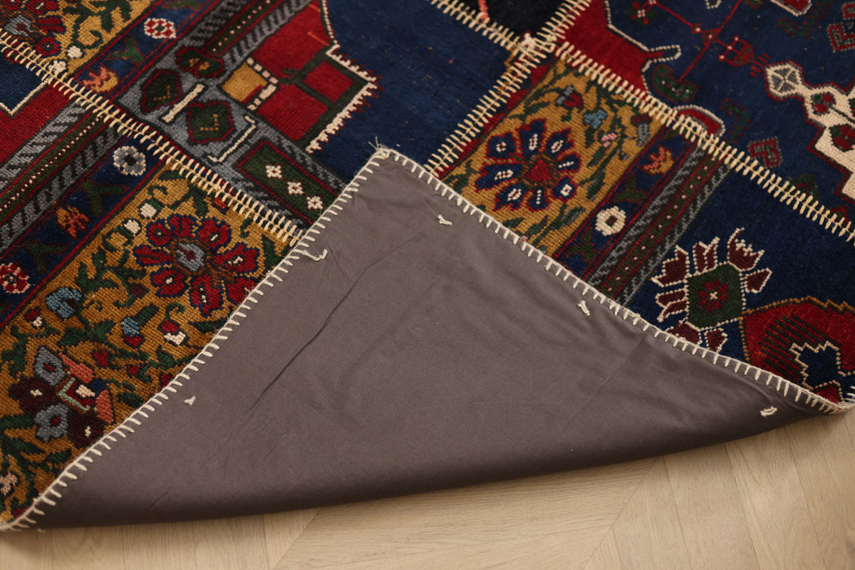 Vintage Turkish Area Rug 5x7 ft — Red & Blue Patchwork
