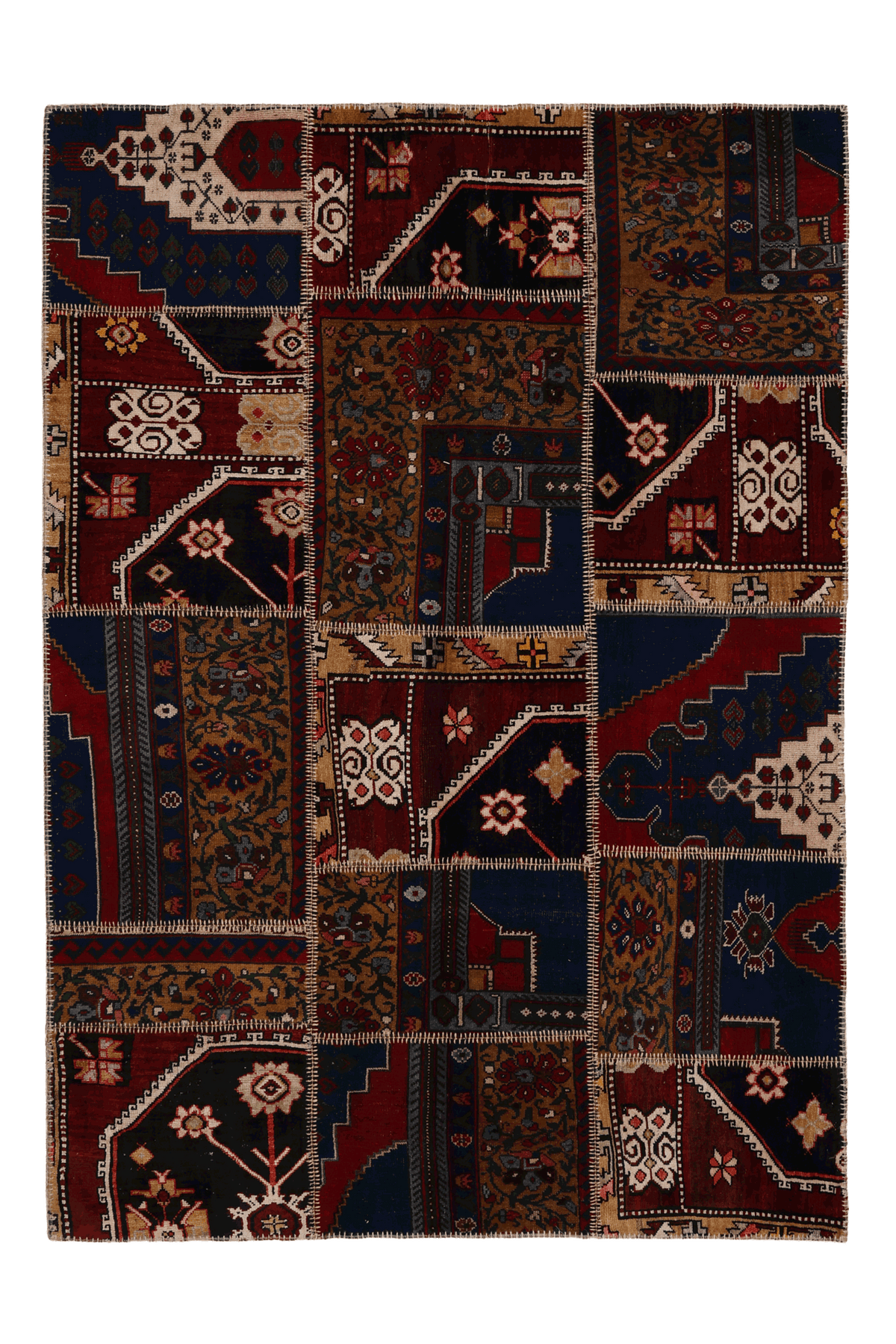 Vintage Turkish Area Rug 5x7 ft — Red & Blue Patchwork