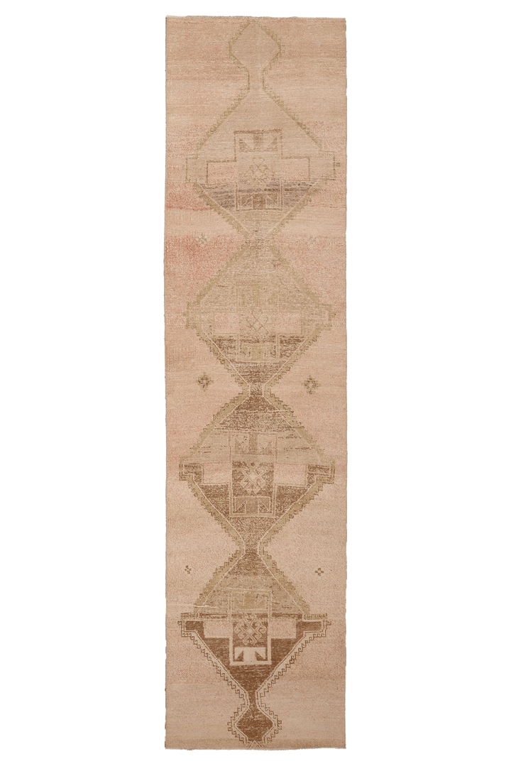 Vintage Malatya Turkish Runner Rug 2x11 ft — Beige & Brown Geometric (No. 49372)