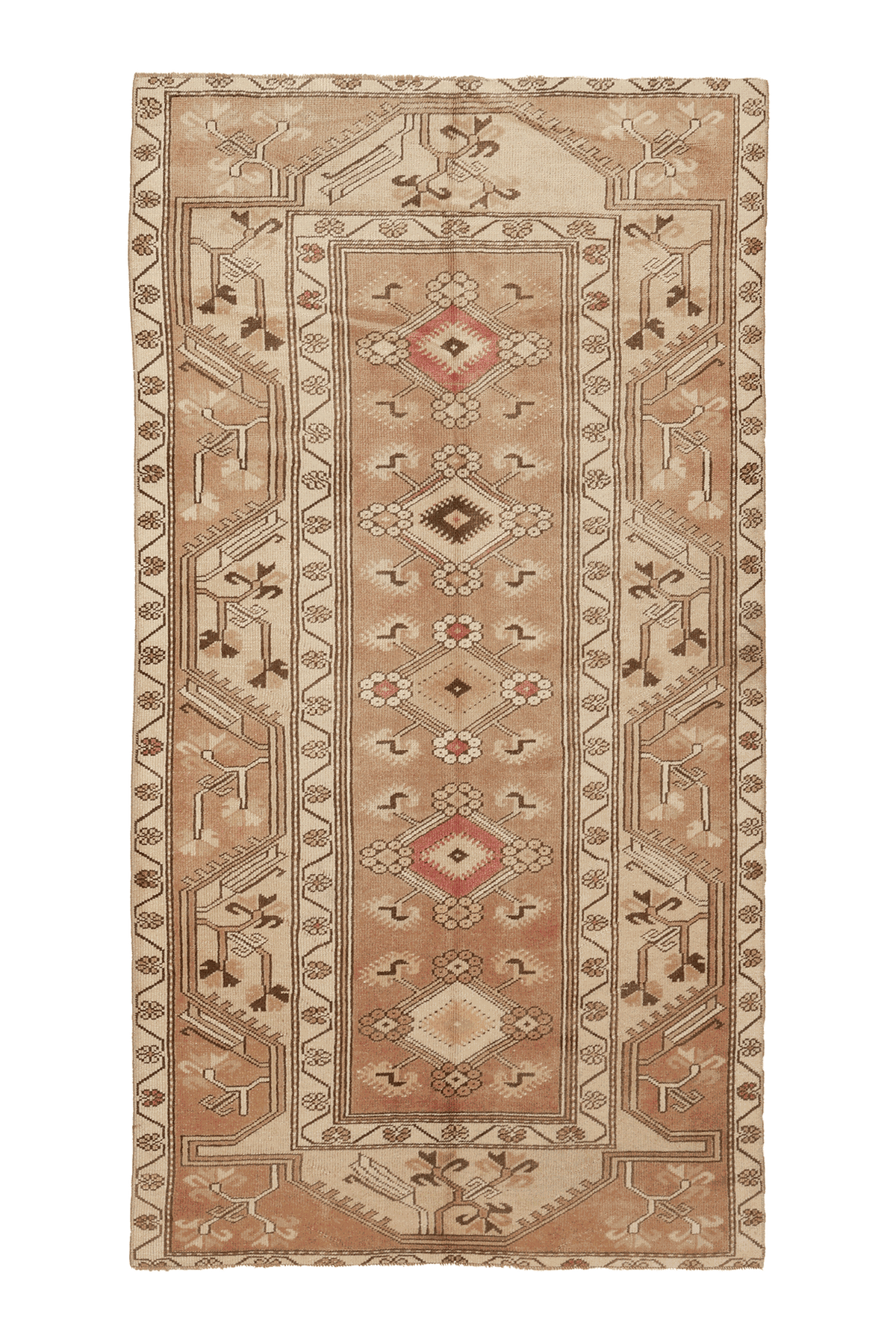 Vintage Muğla Turkish Area Rug 4x7 ft — Beige & Brown Geometric