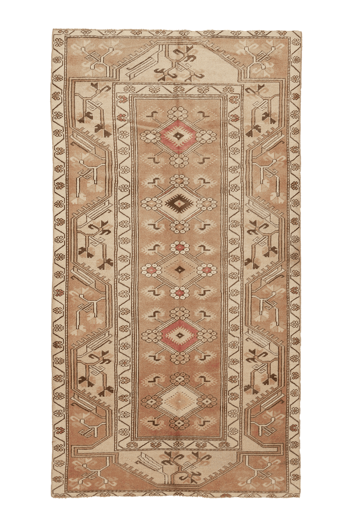 Vintage Muğla Turkish Area Rug 4x7 ft — Beige & Brown Geometric