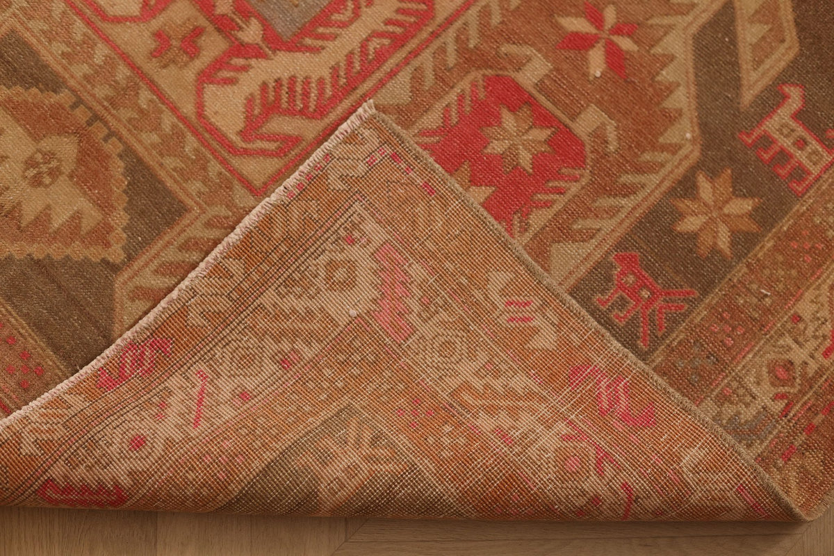 Vintage Southeastern Persian Style Runner Rug 4x10 ft — Brown & Red Geometric