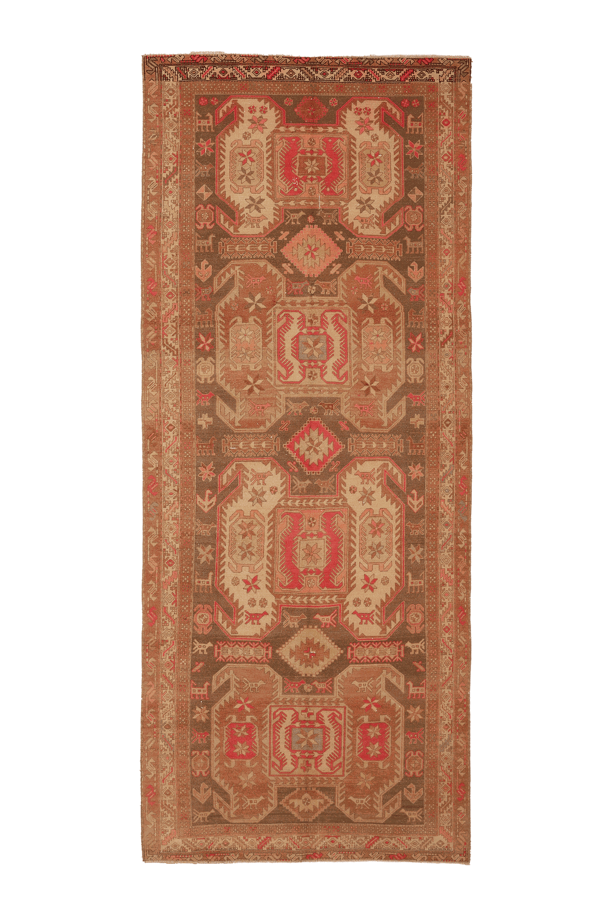 Vintage Southeastern Persian Style Runner Rug 4x10 ft — Brown & Red Geometric