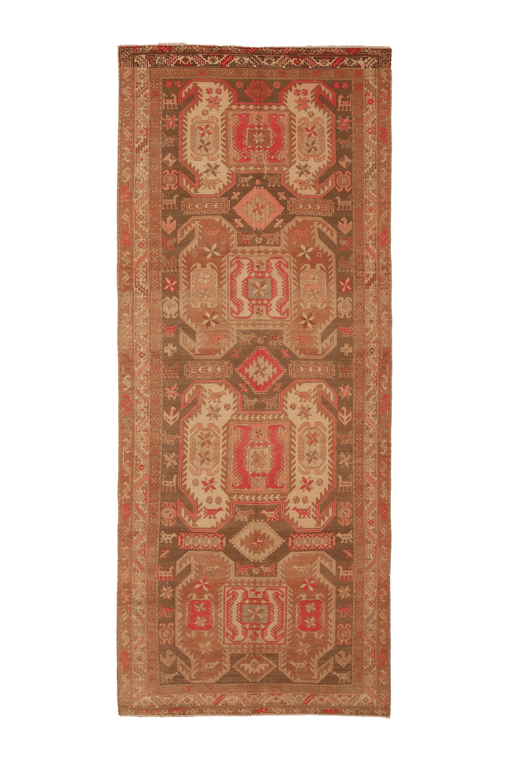 Vintage Southeastern Persian Style Runner Rug 4x10 ft — Brown & Red Geometric