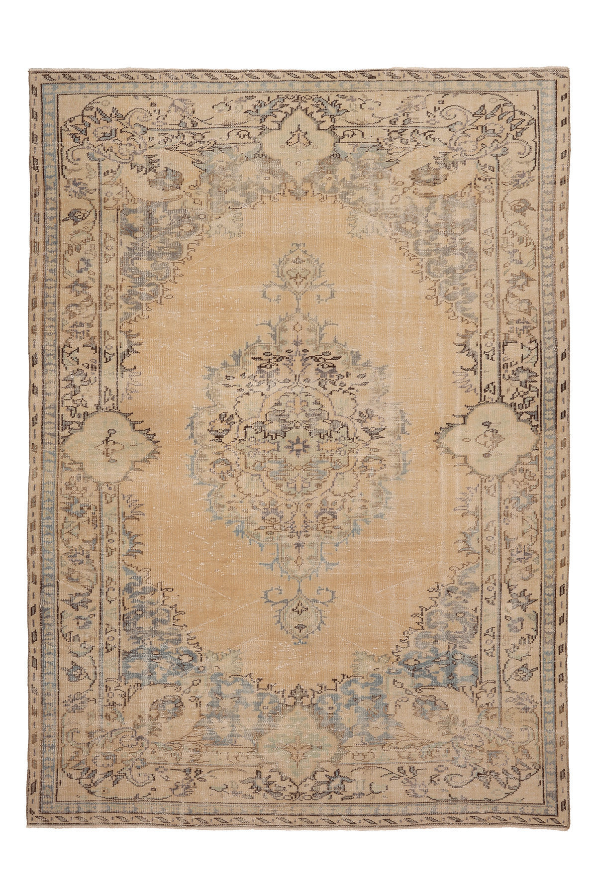 Vintage Manisa Turkish Area Rug 6x9 ft — Beige & Blue Floral (No. 50581)