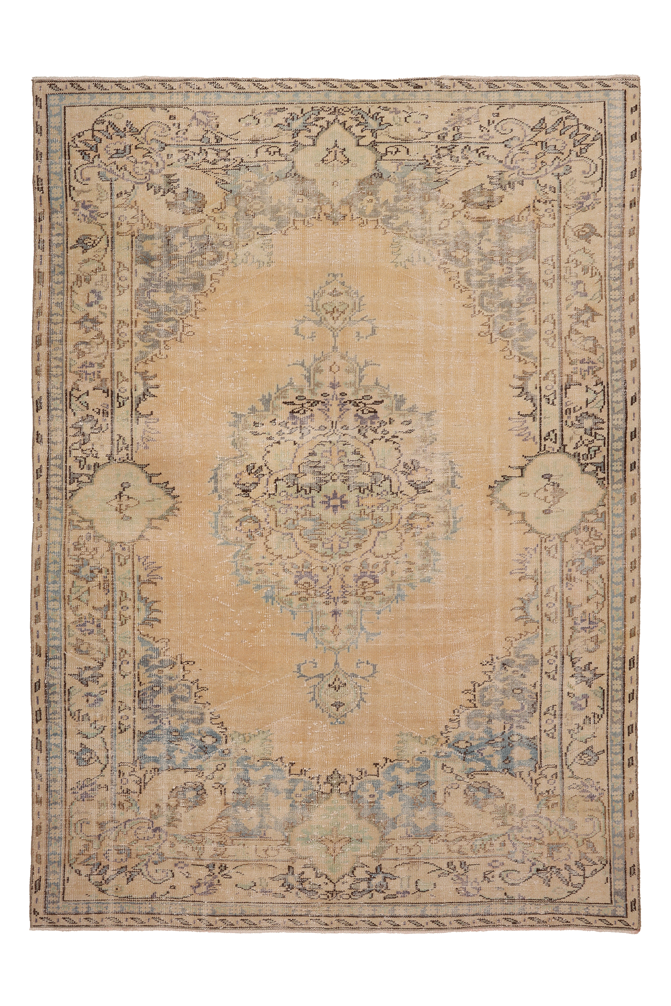 Vintage Manisa Turkish Area Rug 6x9 ft — Beige & Blue Floral (No. 50581)
