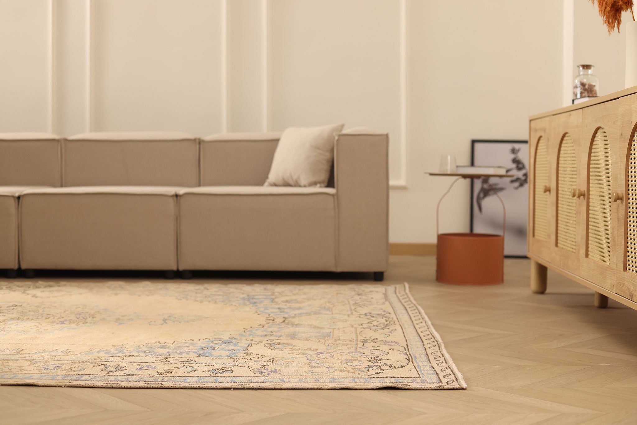 Vintage Manisa Turkish Area Rug 6x9 ft — Beige & Blue Floral (No. 50581)