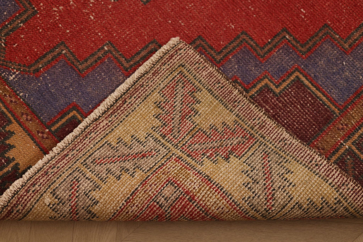 Vintage Afyon Turkish Area Rug 4x9 ft — Red & Brown Geometric