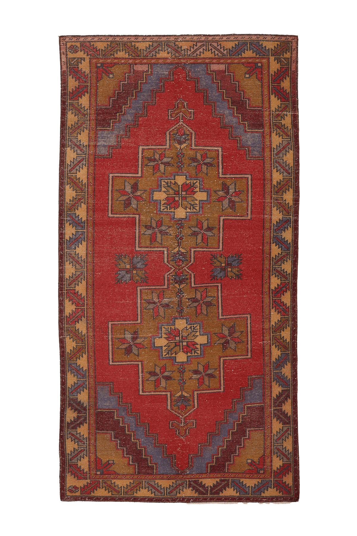 Vintage Afyon Turkish Area Rug 4x9 ft — Red & Brown Geometric