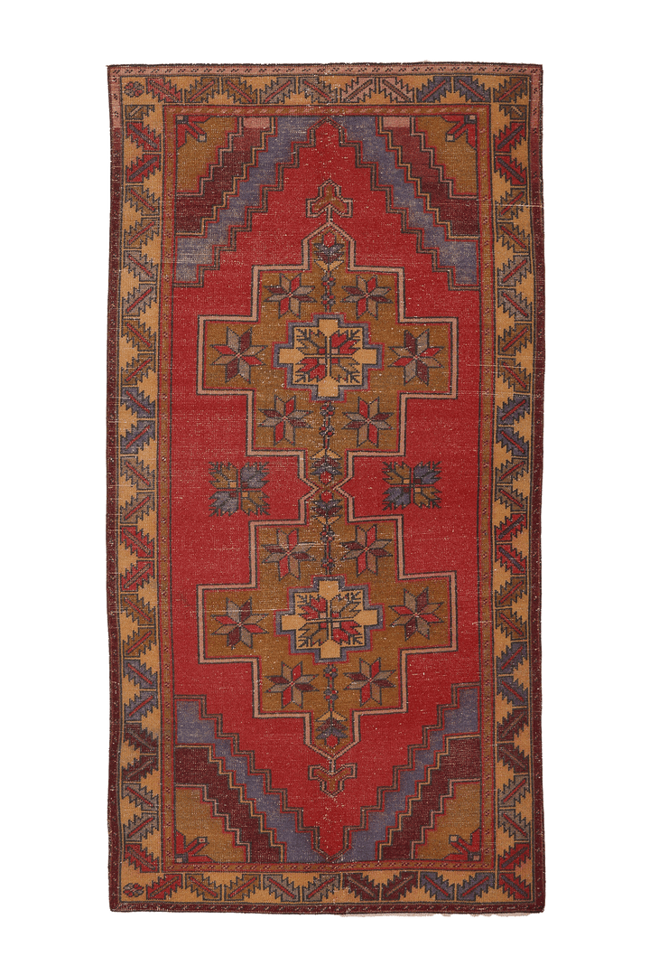 Vintage Afyon Turkish Area Rug 4x9 ft — Red & Brown Geometric