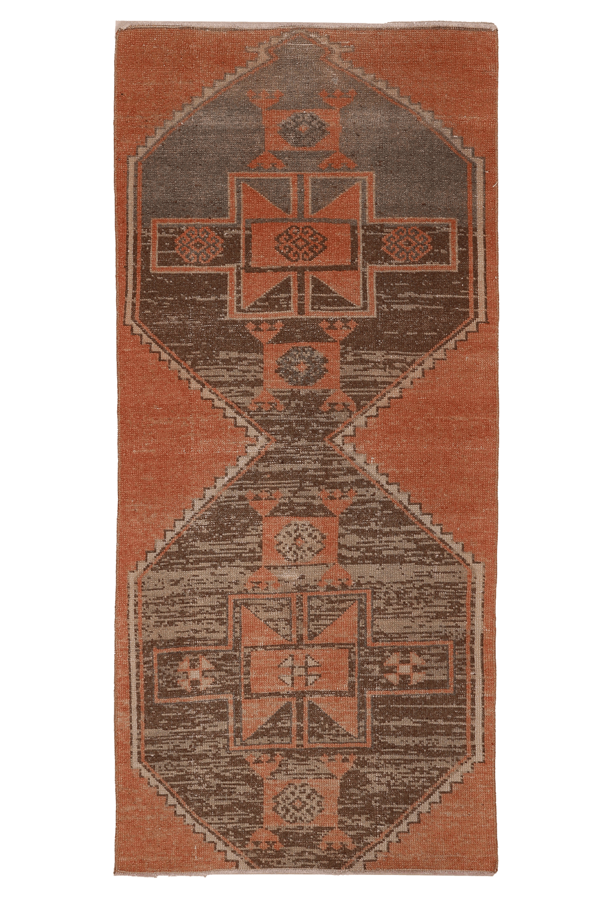 Vintage Malatya Turkish Runner Rug 3x7 ft — Orange & Brown Geometric