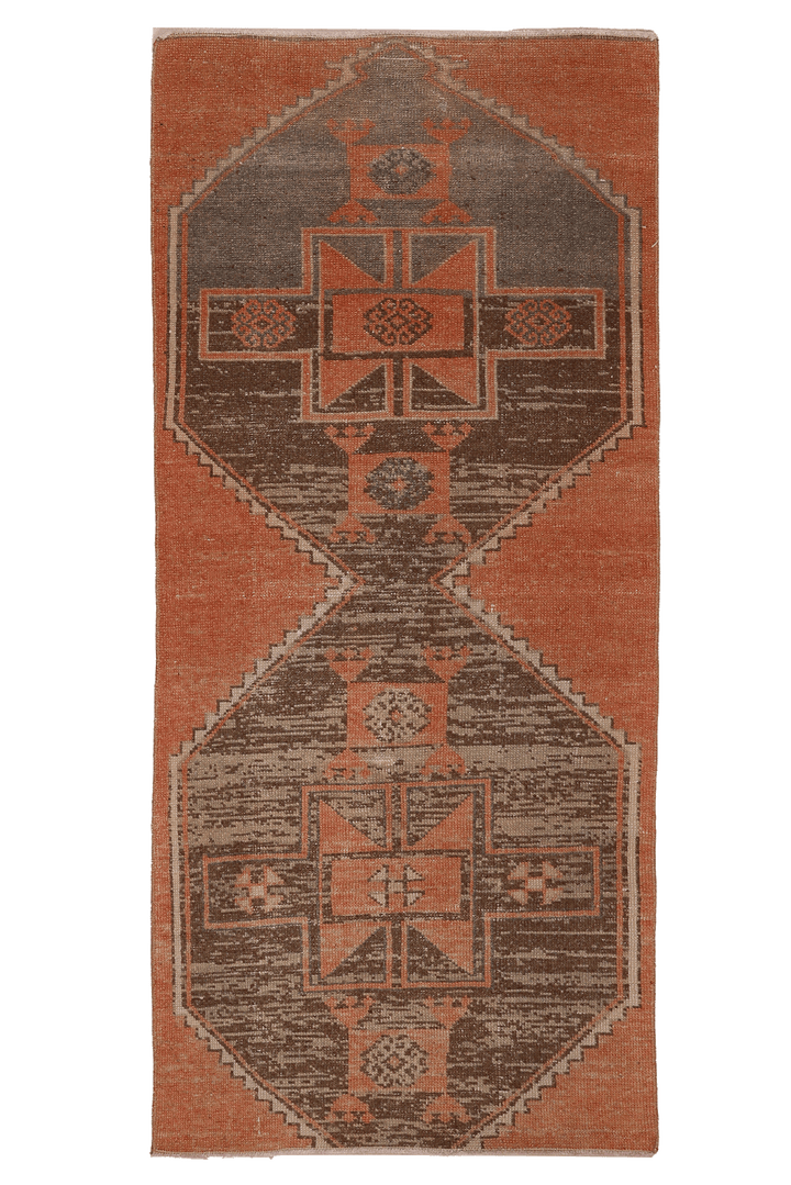 Vintage Malatya Turkish Runner Rug 3x7 ft — Orange & Brown Geometric