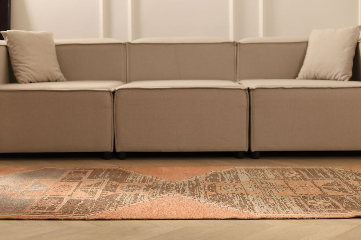 Vintage Malatya Turkish Runner Rug 3x7 ft — Orange & Brown Geometric