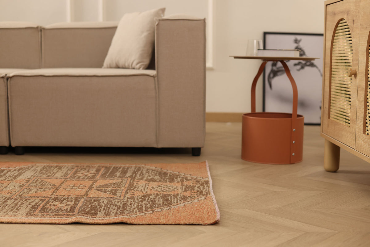 Vintage Malatya Turkish Runner Rug 3x7 ft — Orange & Brown Geometric