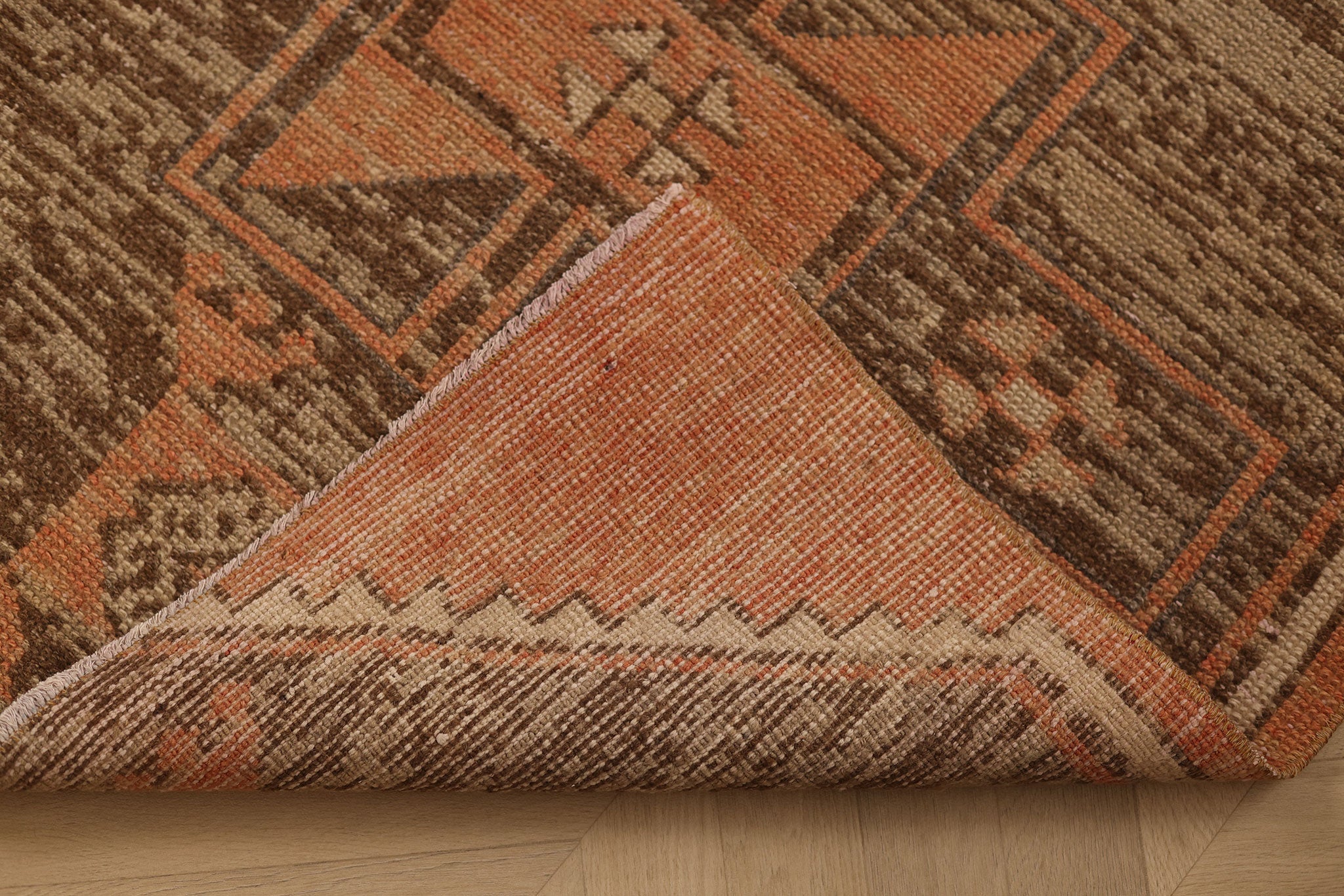 Vintage Malatya Turkish Runner Rug 3x7 ft — Orange & Brown Geometric