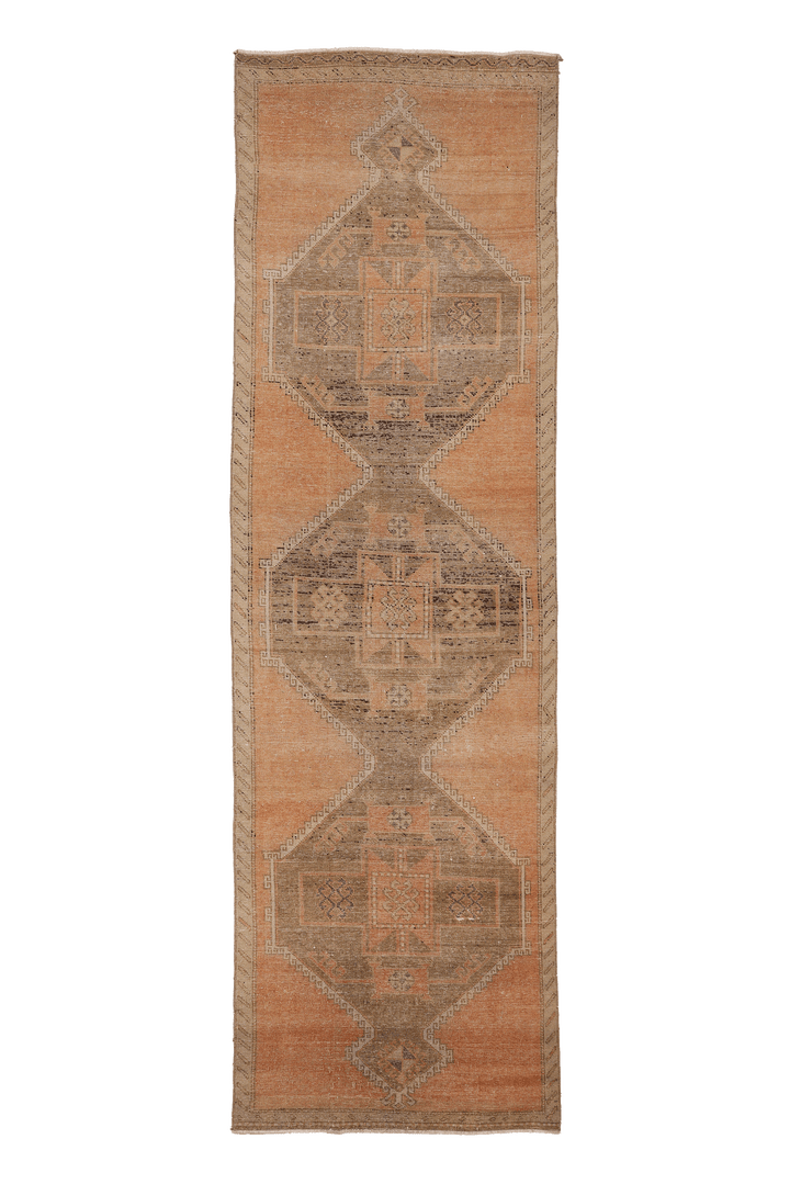 Vintage Malatya Turkish Runner Rug 3x12 ft — Orange & Brown Geometric (No. 50988)