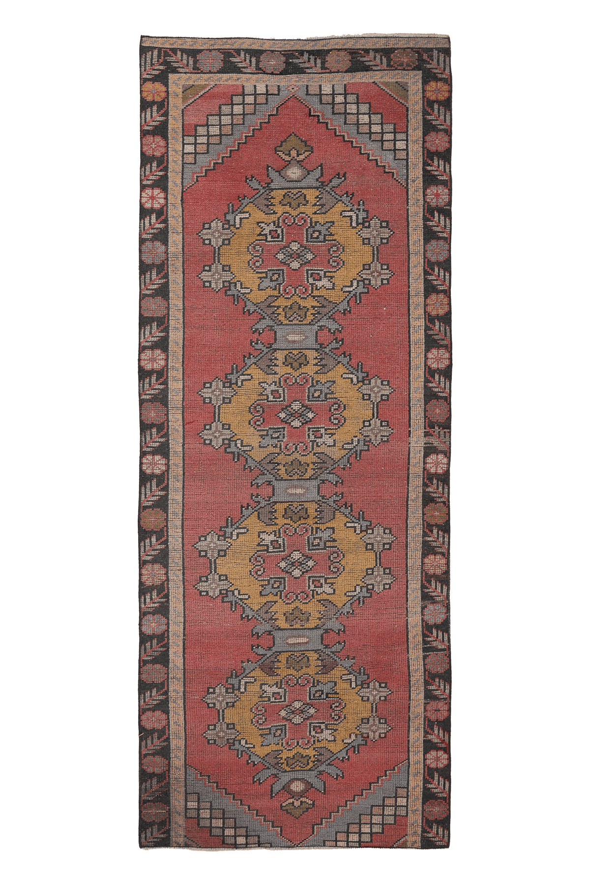 Vintage Niğde Turkish Runner Rug 3x11 ft — Pink & Yellow Geometric