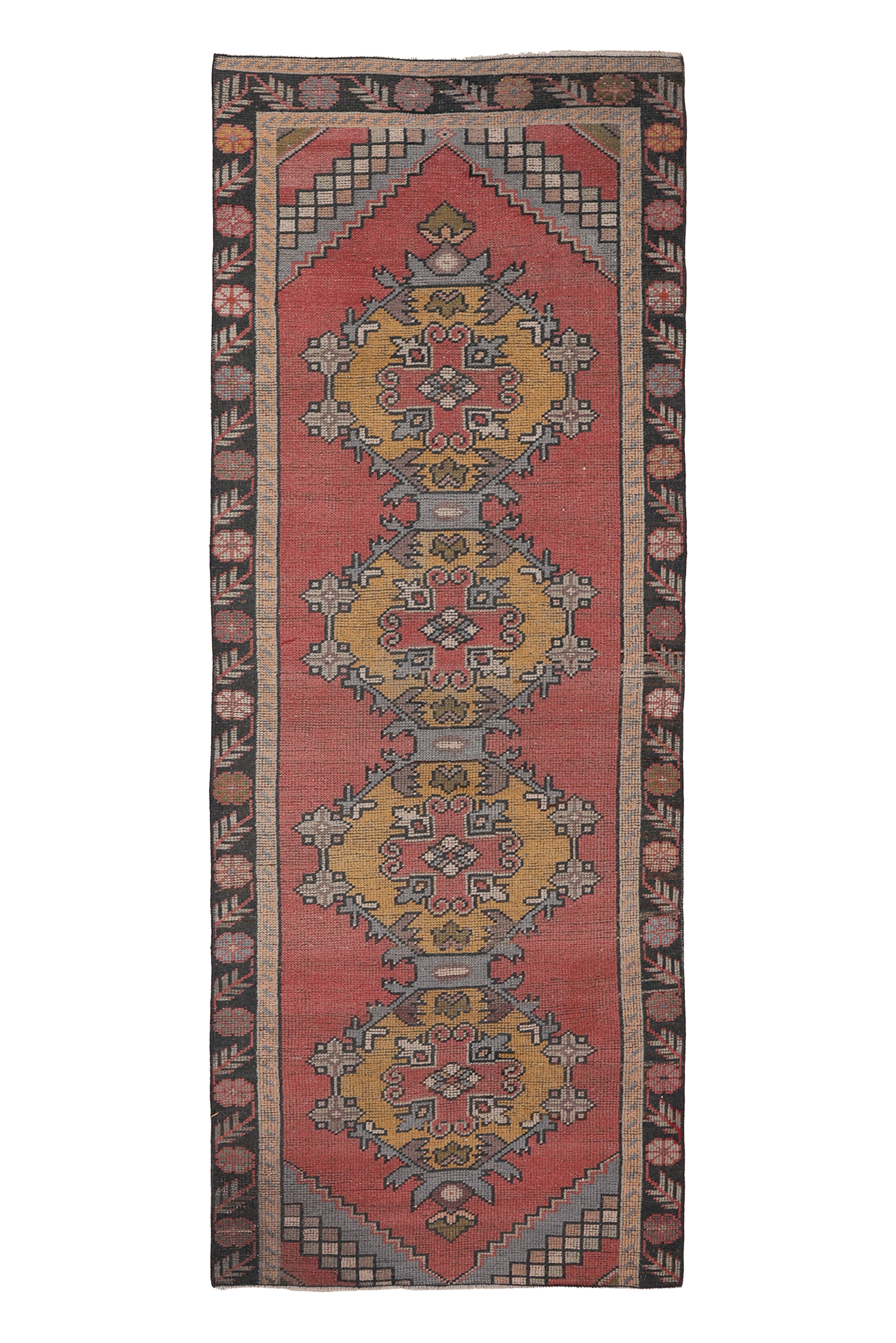 Vintage Niğde Turkish Runner Rug 3x11 ft — Pink & Yellow Geometric