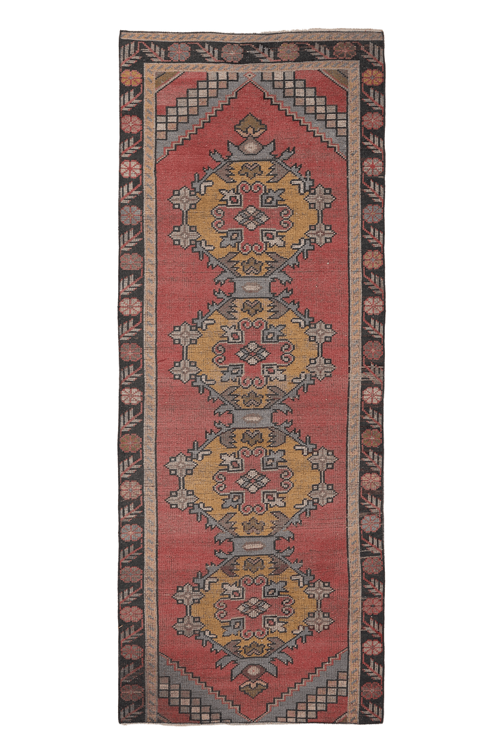 Vintage Niğde Turkish Runner Rug 3x11 ft — Pink & Yellow Geometric