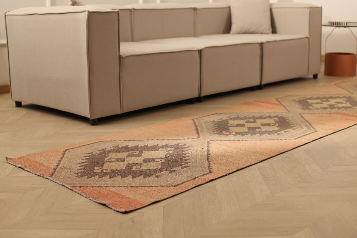 Vintage Malatya Turkish Runner Rug 3x12 ft — Orange & Brown Geometric (No. 51006)
