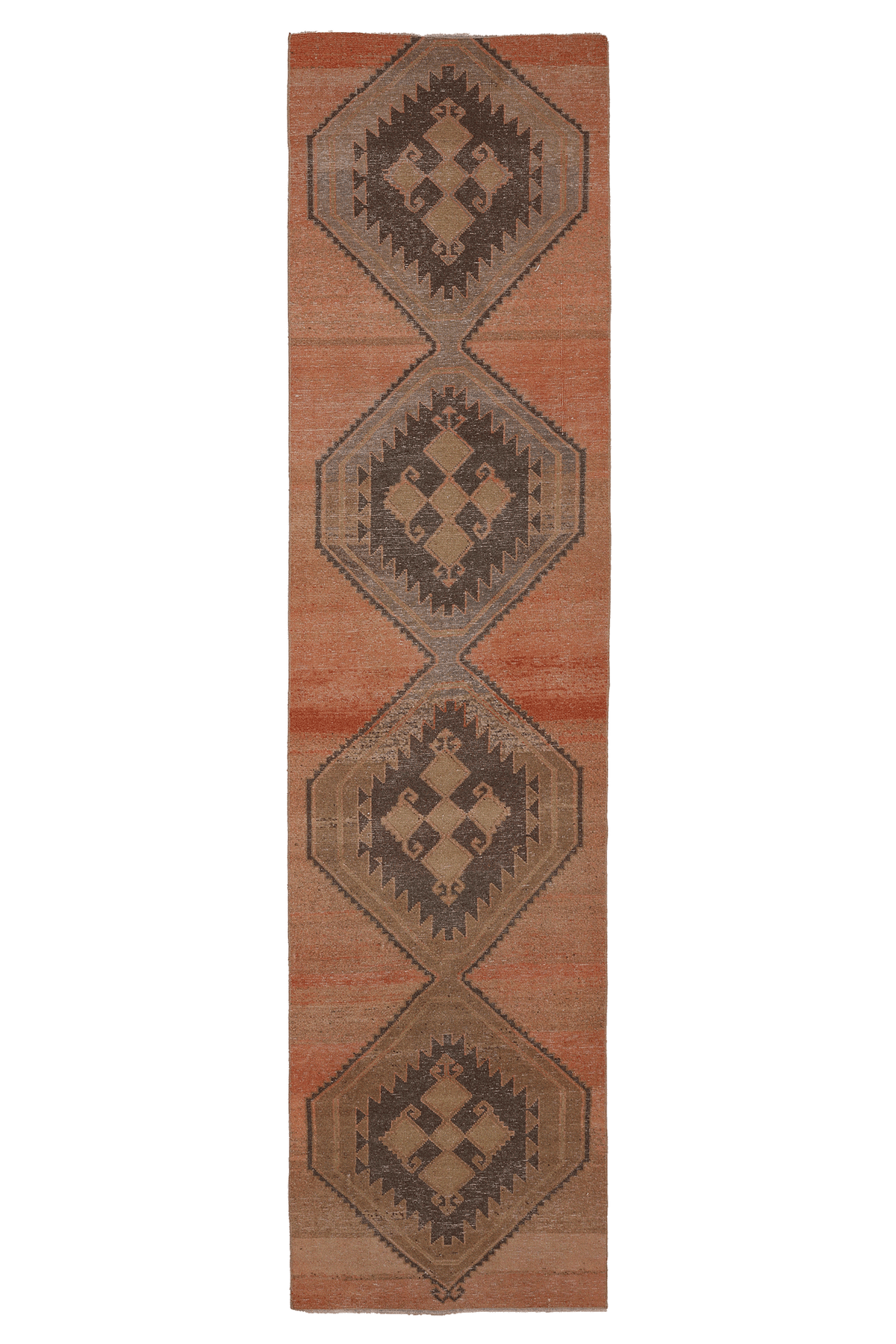 Vintage Malatya Turkish Runner Rug 3x12 ft — Orange & Brown Geometric (No. 51006)