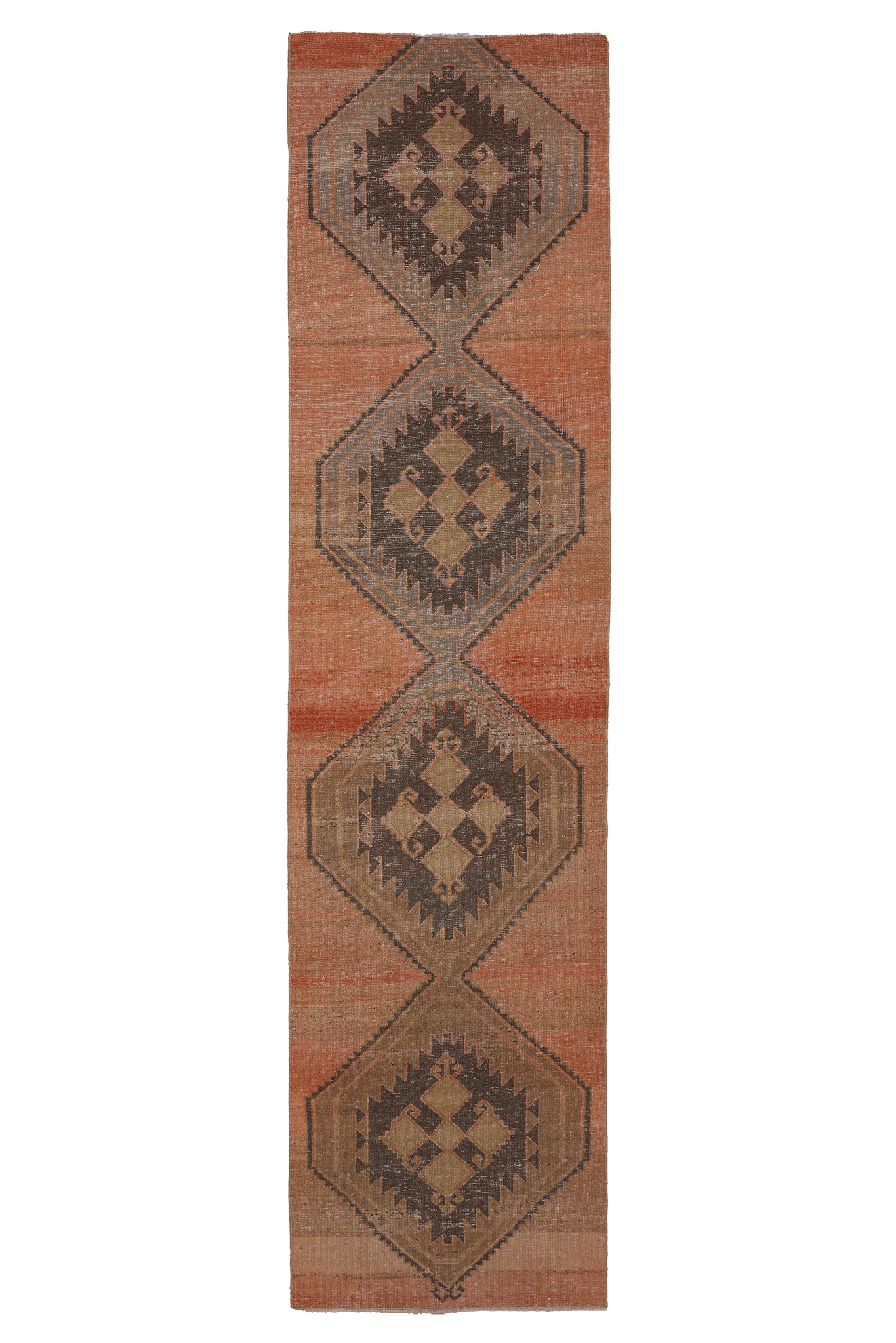 Vintage Malatya Turkish Runner Rug 3x12 ft — Orange & Brown Geometric (No. 51006)