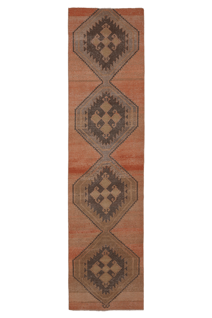 Vintage Malatya Turkish Runner Rug 3x12 ft — Orange & Brown Geometric (No. 51006)