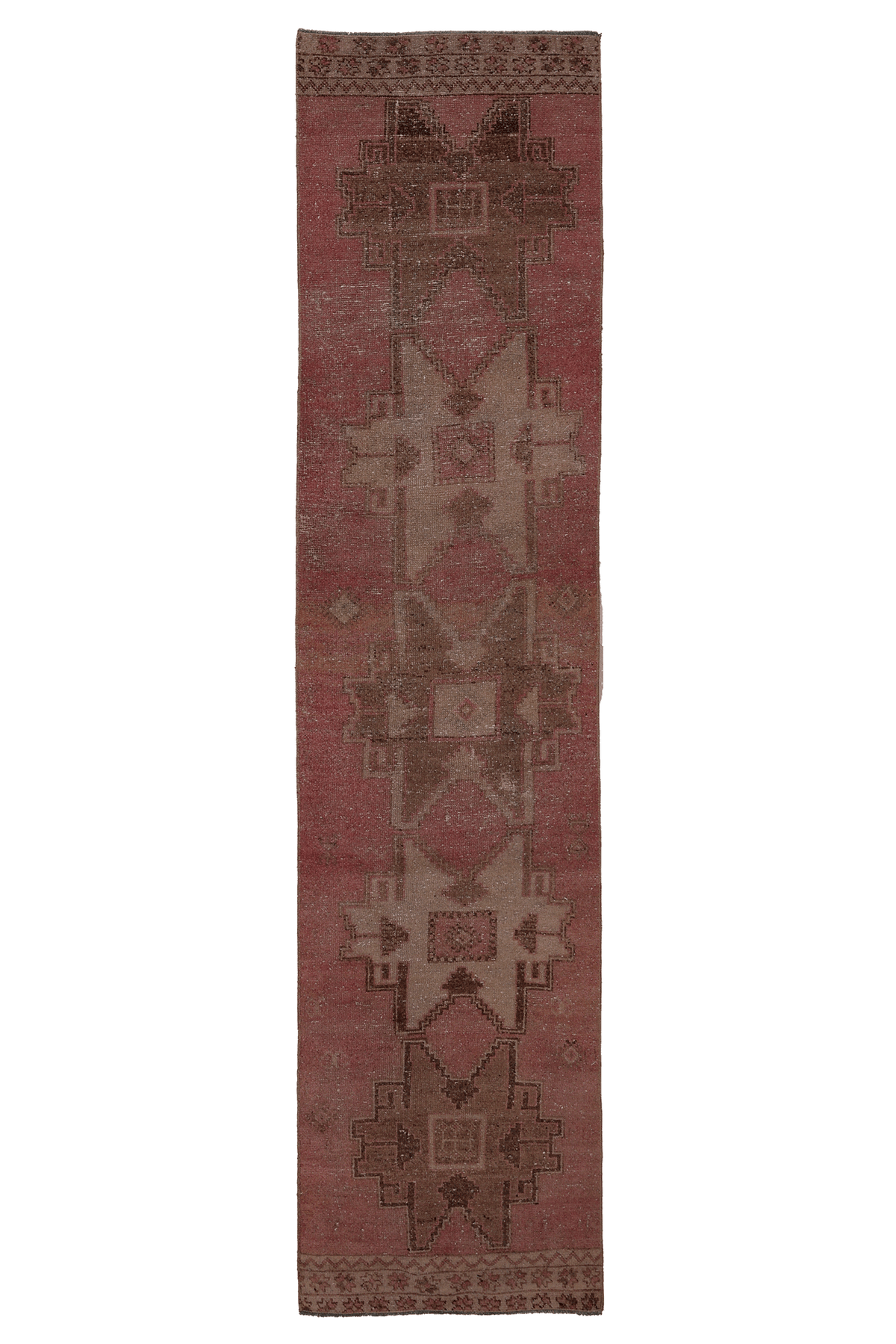 Vintage Malatya Turkish Runner Rug 2x10 ft — Pink & Brown Geometric (No. 51028)