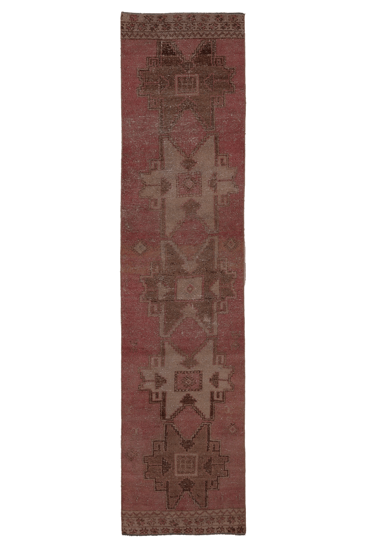 Vintage Malatya Turkish Runner Rug 2x10 ft — Pink & Brown Geometric (No. 51028)