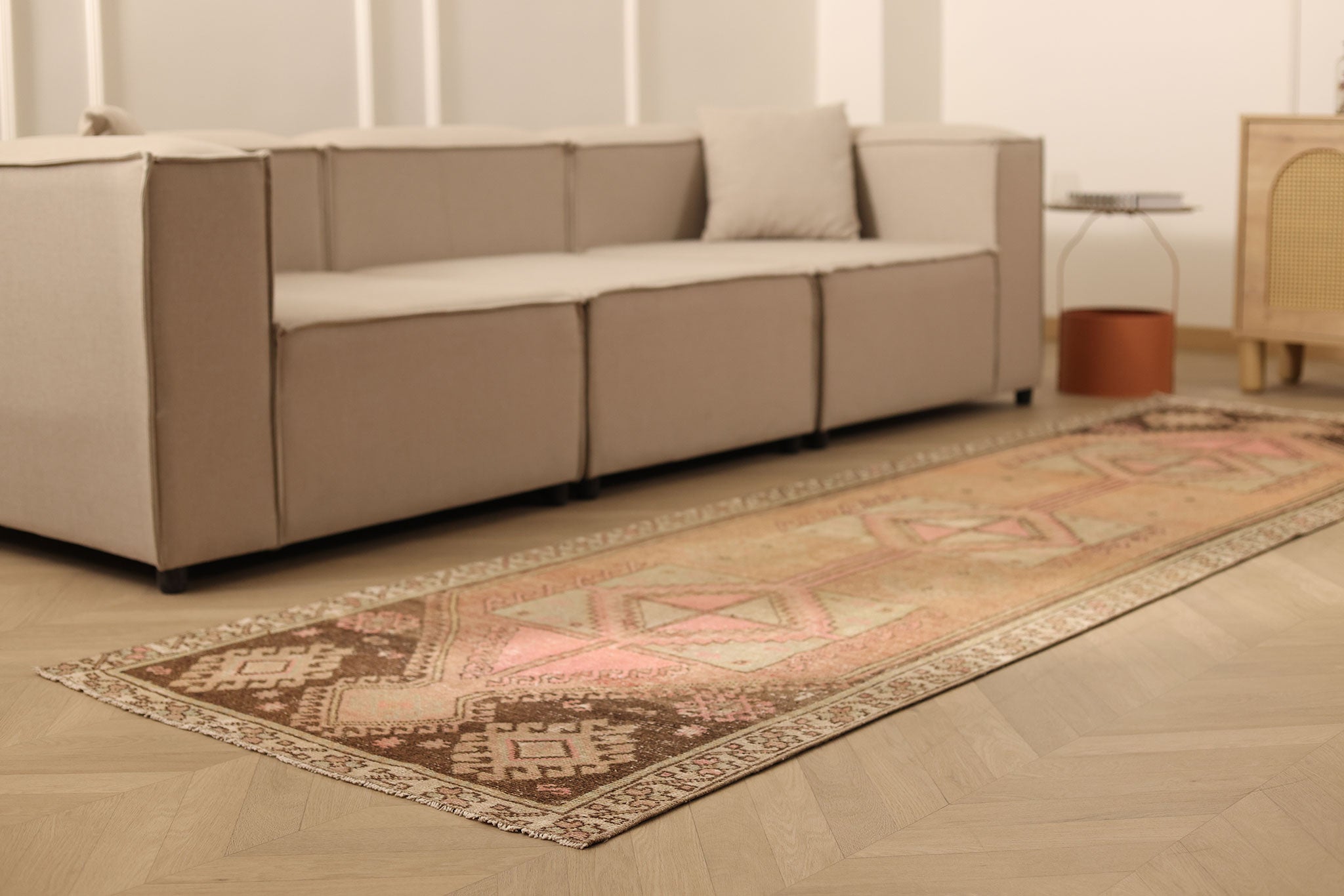 Vintage Malatya Turkish Runner Rug 3x11 ft — Pink & Brown Geometric