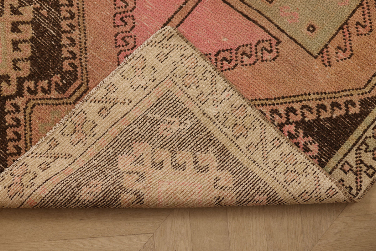Vintage Malatya Turkish Runner Rug 3x11 ft — Pink & Brown Geometric