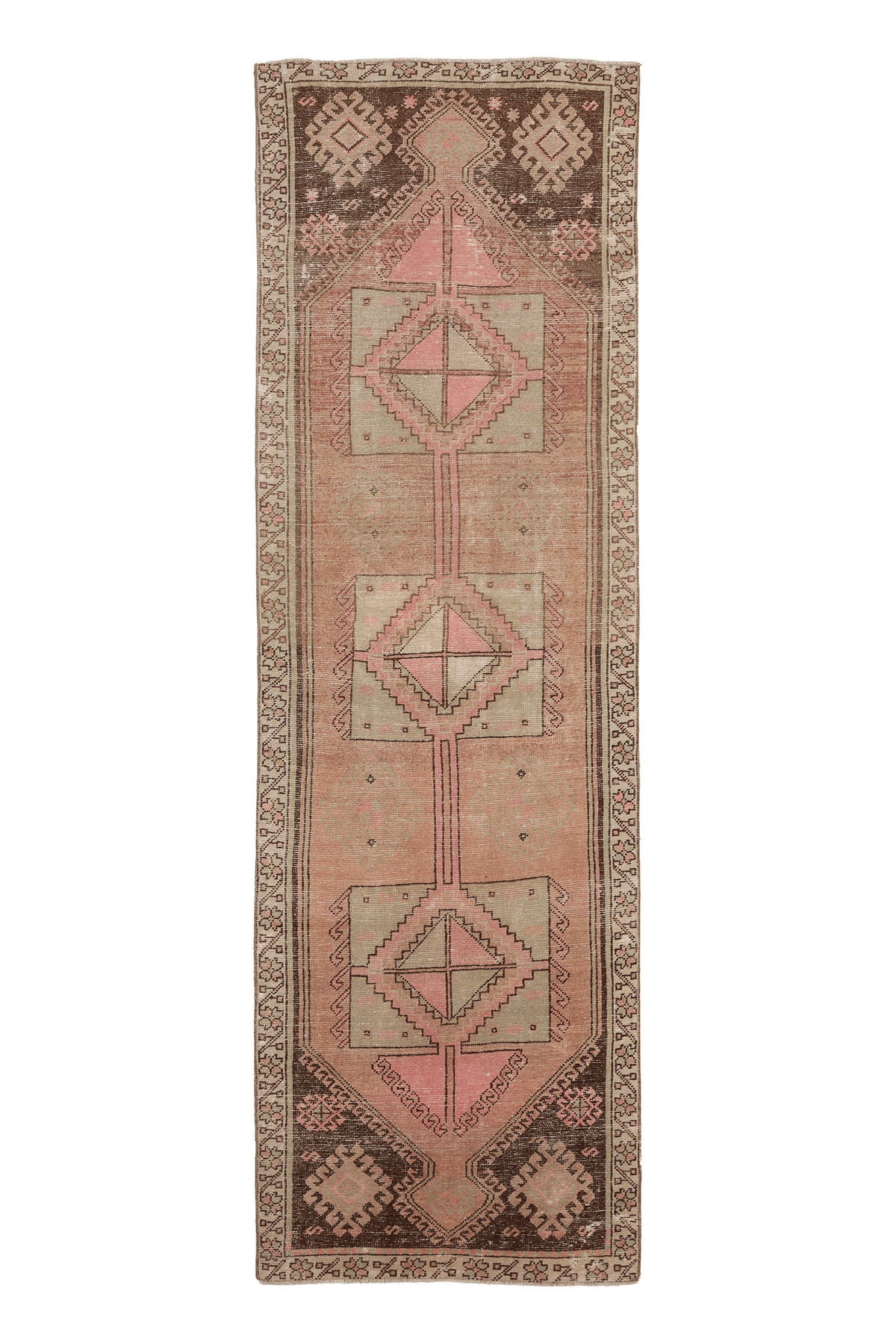 Vintage Malatya Turkish Runner Rug 3x11 ft — Pink & Brown Geometric