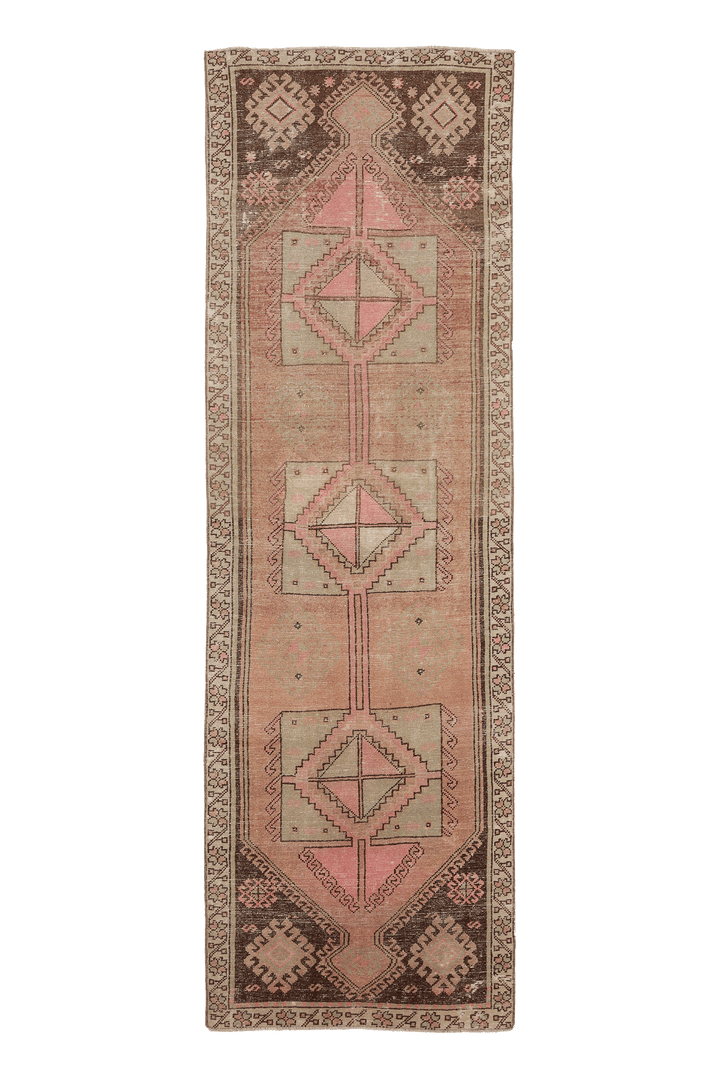Vintage Malatya Turkish Runner Rug 3x11 ft — Pink & Brown Geometric