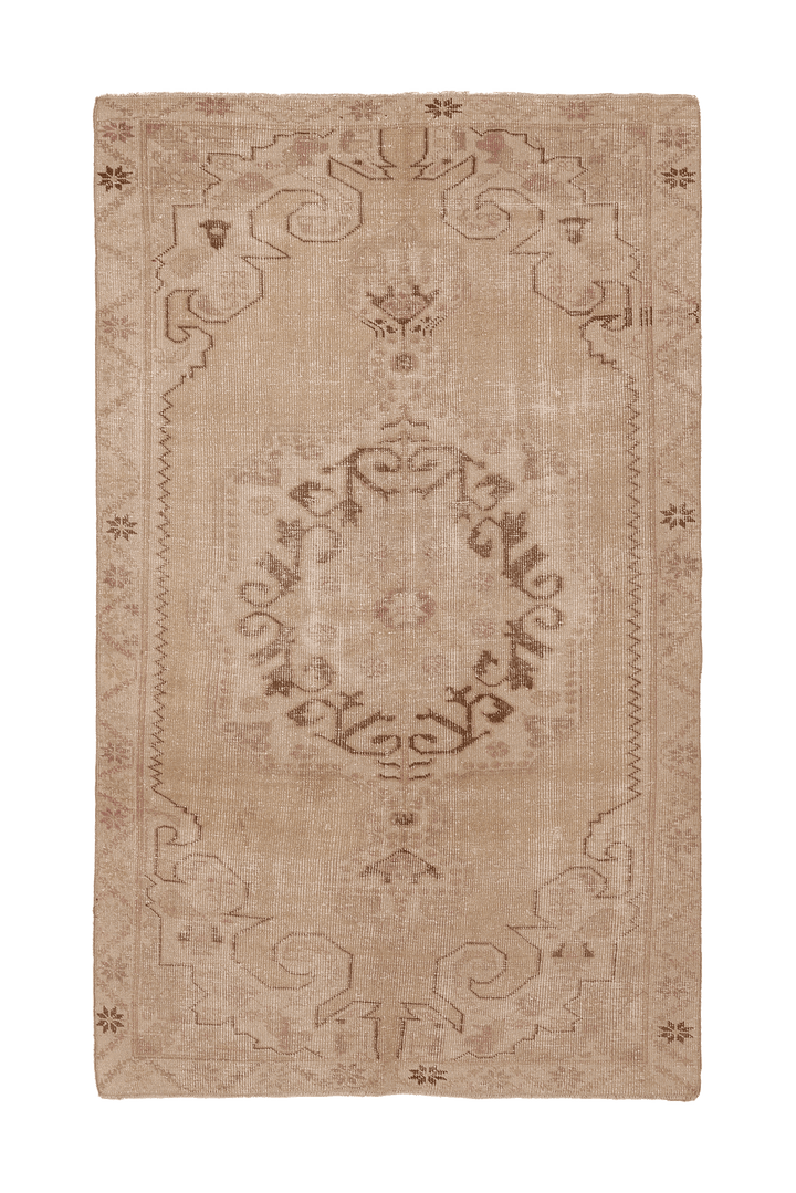 Vintage Nevşehir Turkish Area Rug 4x7 ft — Beige & Brown Floral
